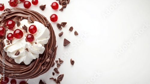 Chocolate dessert with whipped cream and cherries on a white background with chocolate shavings and copy space photo