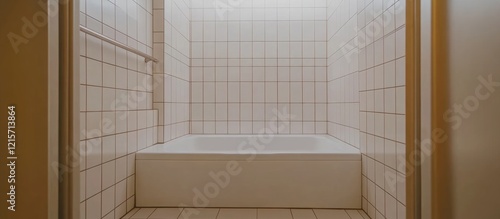 Empty bathroom space with a tiled shower area and bathtub visible from the doorway Copy Space