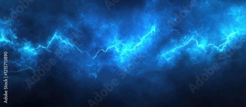 Blue lightning bolt in dark stormy sky with dramatic clouds and copy space for text.