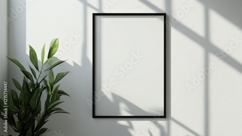 Wallpaper Mural Modern black picture frame on a minimalist wall with shadows and a green plant creating a contemporary interior scene with Copy Space. Torontodigital.ca