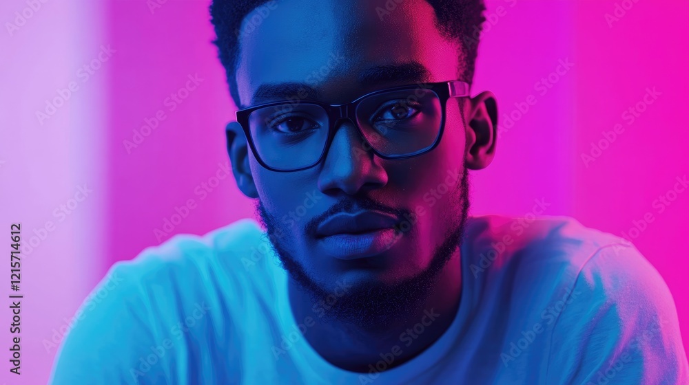 Young Man in Glasses Against Neon Background with Copyspace for Text Placement Young Man in Glasses Against Neon Background with Copyspace for Text Placement