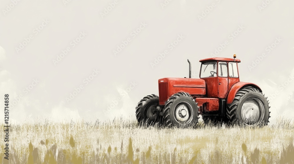 Fototapeta premium Red agricultural tractor in a farm field with vast empty space ideal for text placement or advertising.