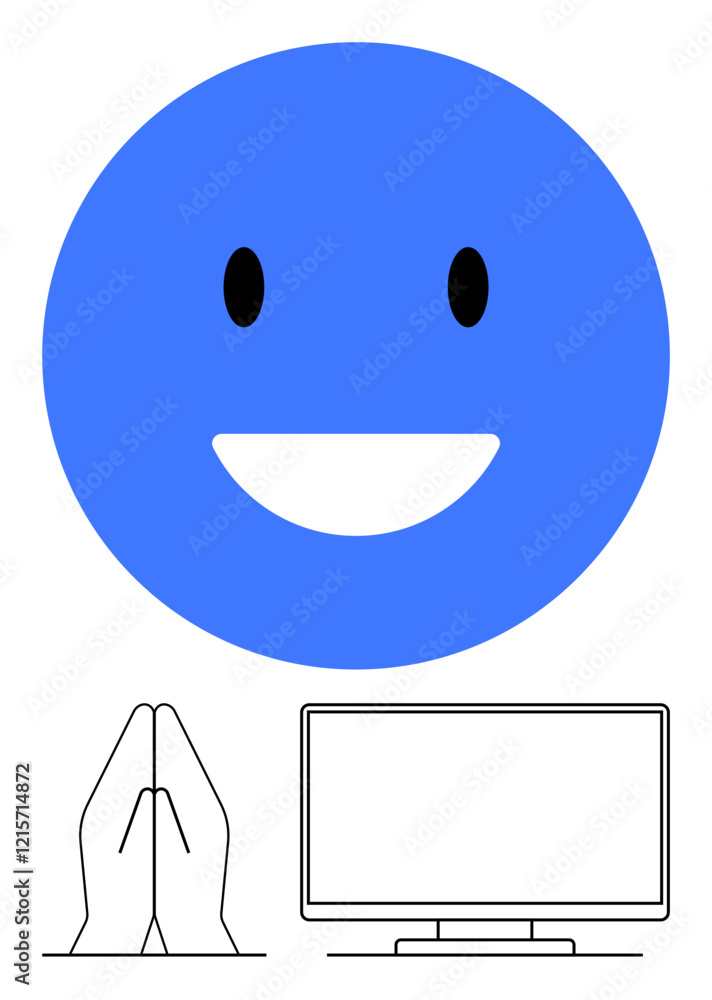 Fototapeta premium Large blue happy face above praying hands and computer monitor. Ideal for mental health, online meditation, work-life balance, digital wellbeing, mindfulness apps, stress relief, positive thinking