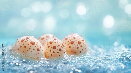 African Clawed Frog Eggs Floating on a Serene Blue Water Surface with Bubble Accents for Text Placement and Design Elements photo