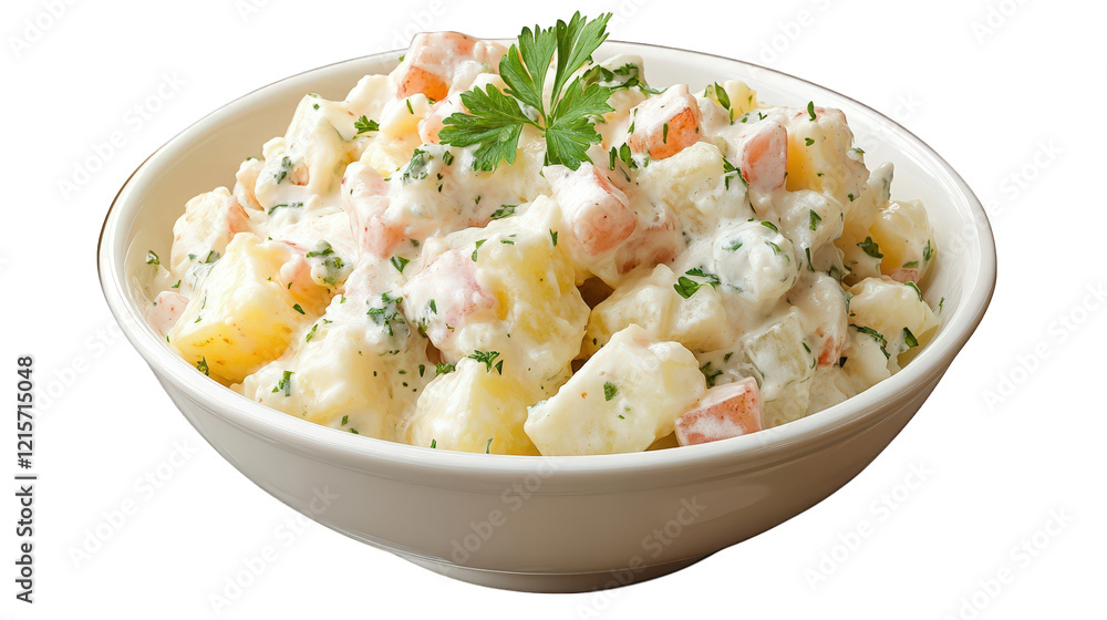 a bowl of creamy potato salad. featuring diced potatoes. carrots. and herbs. garnished with a sprig of parsley the dish is presented in a simple. elegant bowl. emphasizing its freshness and appeal. su a bowl of creamy potato salad. featuring diced potatoes. carrots. and herbs. garnished with a sprig of parsley the dish is presented in a simple. elegant bowl. emphasizing its freshness and appeal. su