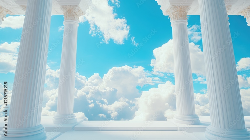 Fototapeta premium Heavenly paradise with classical columns and a vibrant blue sky creating an ethereal atmosphere ideal for inspirational text and designs