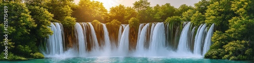 Breathtaking Panoramic View of Majestic Waterfall Surrounded by Lush Greenery and Sunlit Forest, Perfect for Nature Lovers and Scenic Landscape Photography