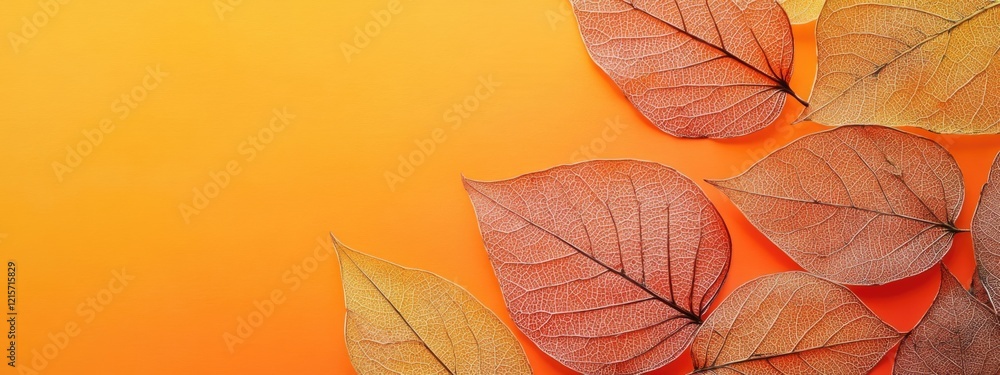 Obraz premium Dried gradient leaves on vibrant orange background showcasing botanical art with ample space for text and design elements