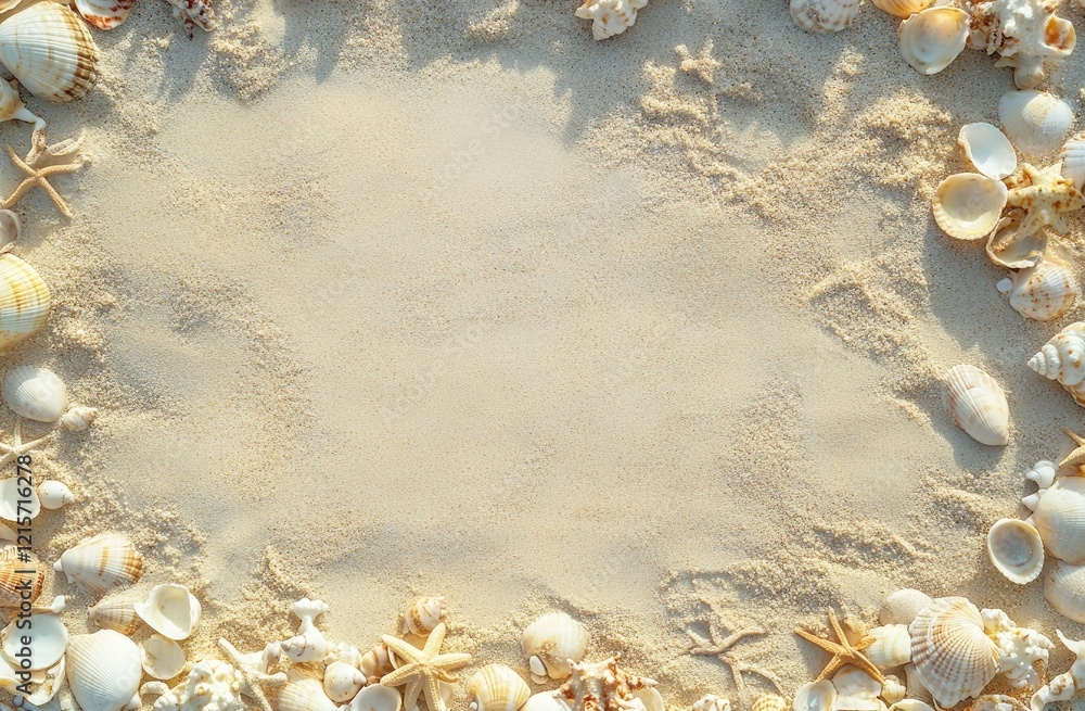 Fototapeta premium Seashells and Sand Beach Summer Background Image