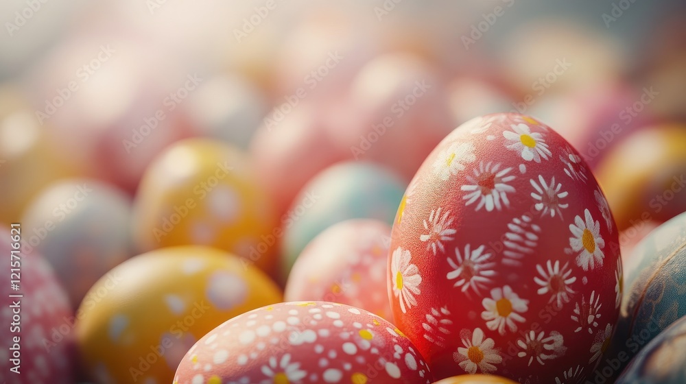 Fototapeta premium Colorful decorative Easter eggs in a soft-focused pastel background with floral patterns and Copy Space for text insertion