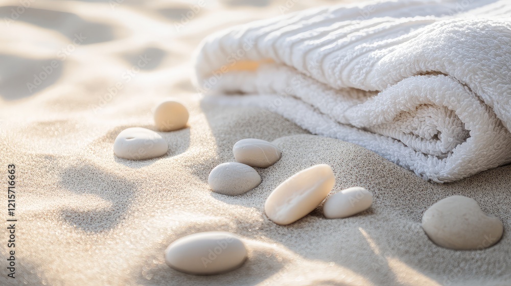Soft White Turkish Towel Elegantly Placed Among Smooth Pebbles on Warm Golden Sand in Serene Coastal Environment Soft White Turkish Towel Elegantly Placed Among Smooth Pebbles on Warm Golden Sand in Serene Coastal Environment