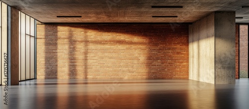 Contemporary empty room interior with concrete and wooden walls and large windows casting shadows Copy Space