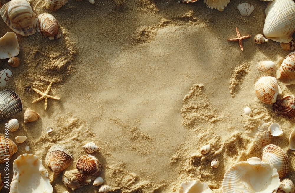 Fototapeta premium Seashells and Starfish on Sandy Beach Background