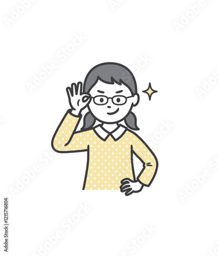 眼鏡を上げてニヤリと笑い自信を見せる女の子