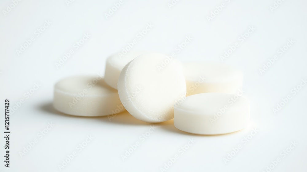 White sugar tablet candies arranged on a clean white surface showcasing their smooth, round form and minimalistic aesthetic. White sugar tablet candies arranged on a clean white surface showcasing their smooth, round form and minimalistic aesthetic.