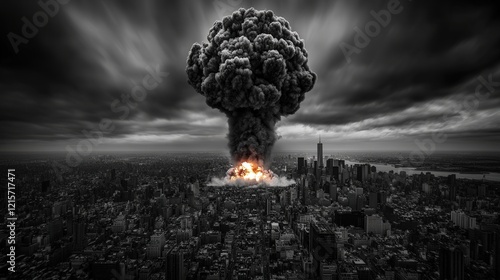 A chilling black-and-white image depicting a catastrophic nuclear explosion engulfing a city skyline, serving as a stark reminder of the destructive consequences of warfare on humanity.
