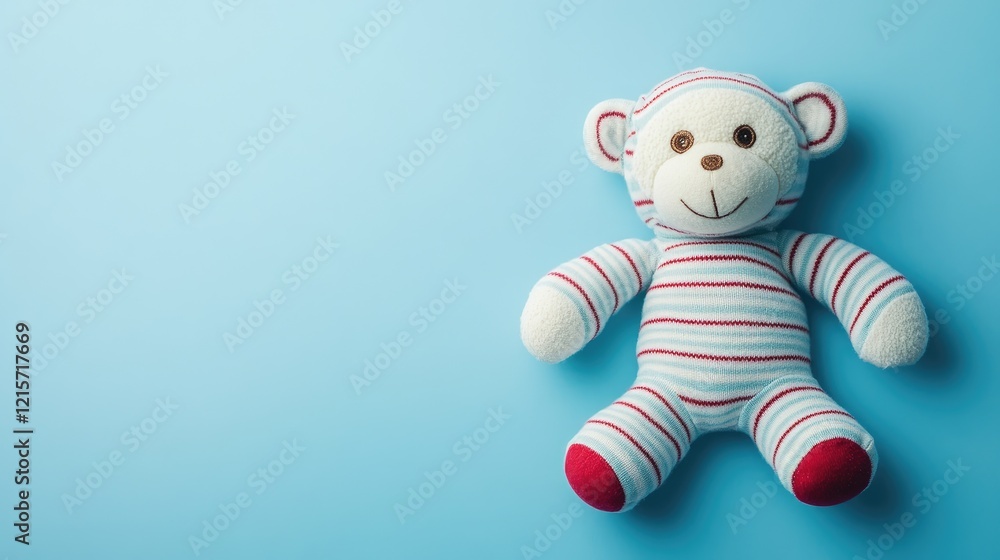 White Striped Sock Monkey Plush Toy on Blue Background Ideal Gift for Newborns Celebrating Childhood and Innocence in Soft Textiles White Striped Sock Monkey Plush Toy on Blue Background Ideal Gift for Newborns Celebrating Childhood and Innocence in Soft Textiles