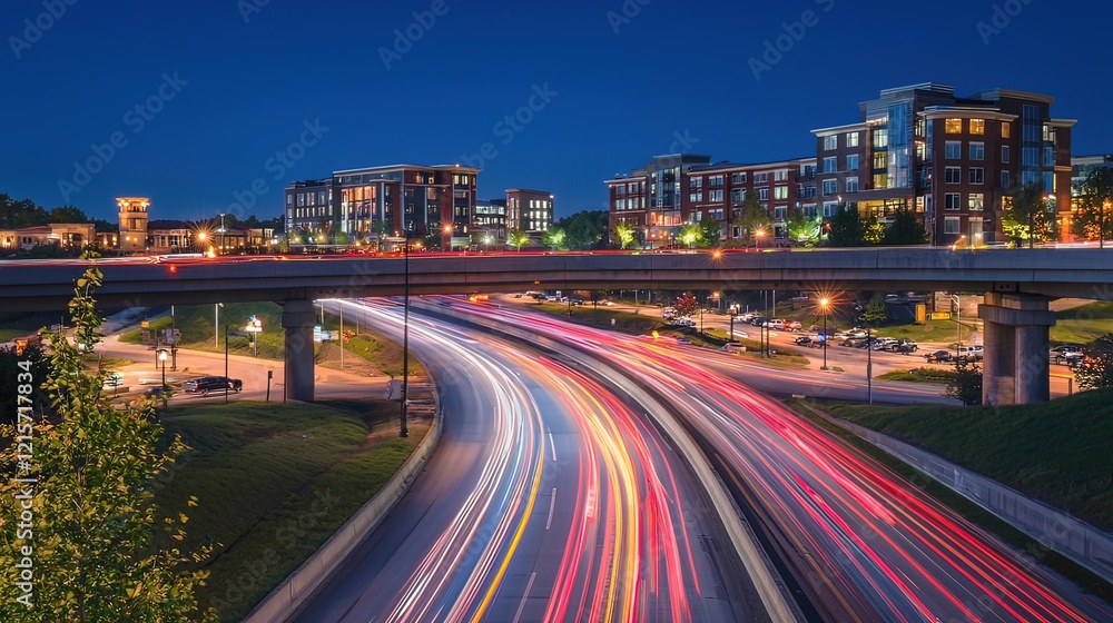 Obraz premium Night cityscape with highway traffic light trails and modern buildings.