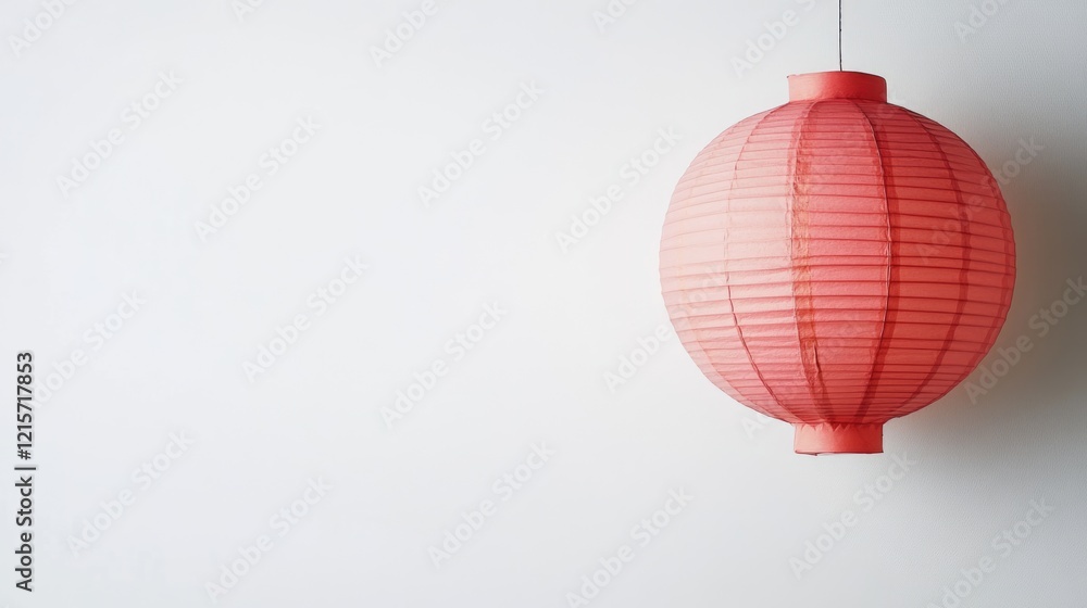 Fototapeta premium Red paper lantern hanging on white wall with ample Copy Space for text placement