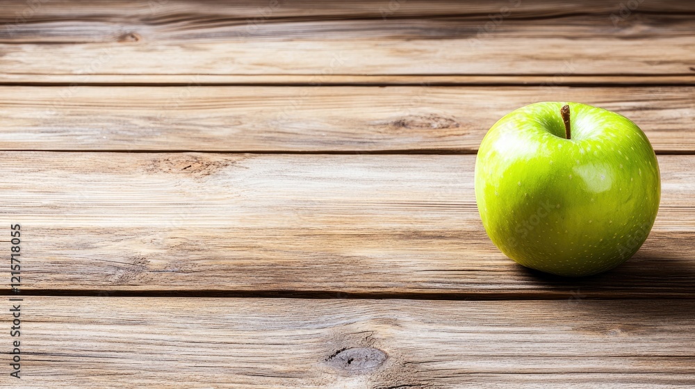 Green apple on rustic wooden table with ample copy space for text placement. Natural light highlights the apple's texture and color. Green apple on rustic wooden table with ample copy space for text placement. Natural light highlights the apple's texture and color.