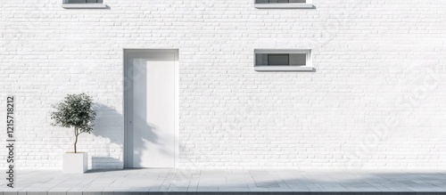 Modern minimalistic white brick wall with a door and small potted tree Copy Space