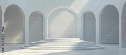 Fototapeta Naklejka Na Ścianę i Meble -  Modern minimalist white stage platform podium in an empty architectural space with soft light and serene blank area for text, creating an elegant backdrop.