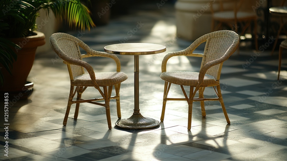 Sunlit patio cafe table, wicker chairs, morning Sunlit patio cafe table, wicker chairs, morning