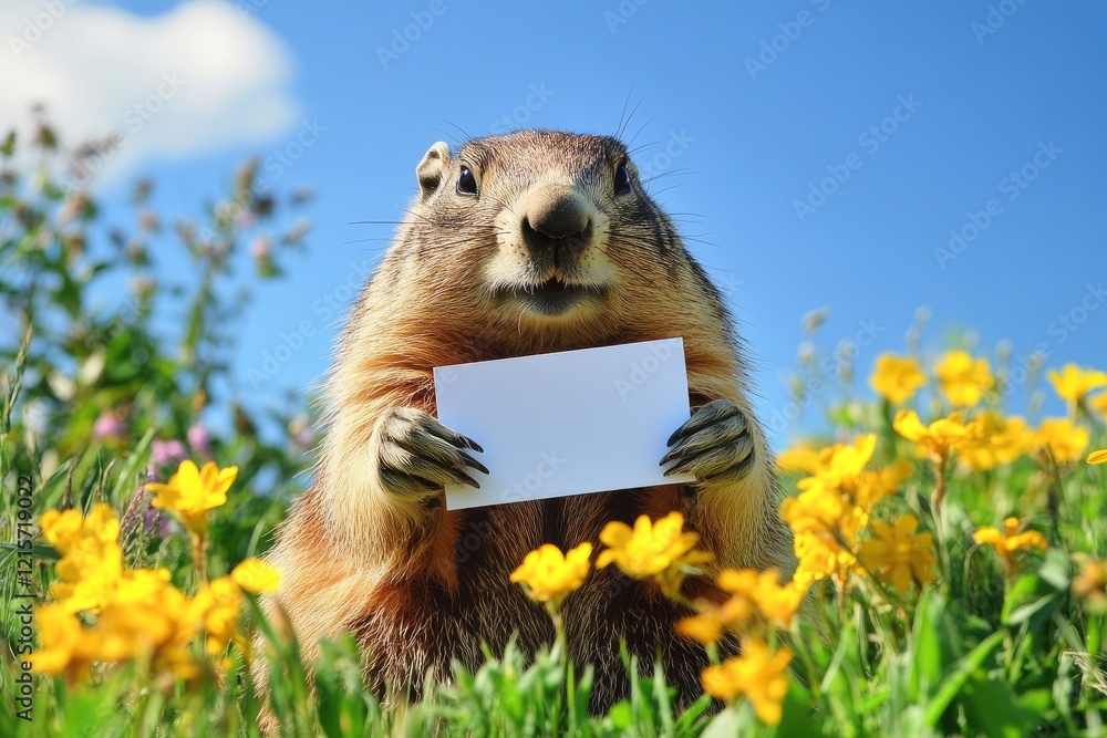 Fototapeta premium Cute Marmot Holding Blank Sign in Flower Field