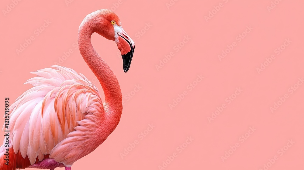 Naklejka premium Pink flamingo on a solid pink background with ample copy space for text. Elegant bird profile showcasing bright feathers in soft lighting.