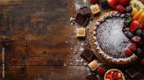 Chocolate tart surrounded by fresh fruits and chocolate pieces on wooden table with Copy Space for text