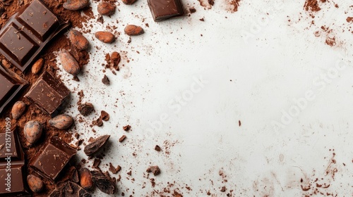 Chocolate pieces and cocoa beans scattered on a textured white background with Copy Space for text placement. photo