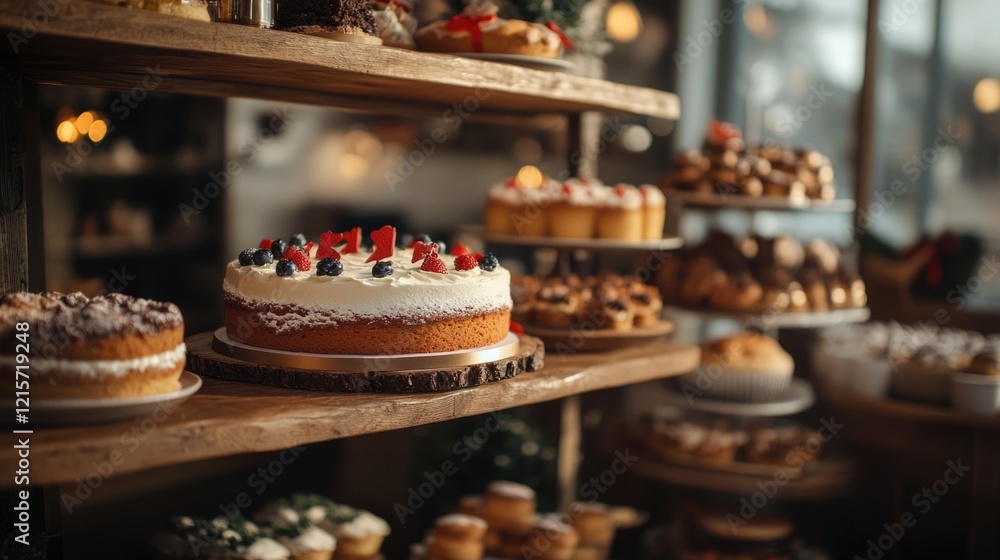 Display of assorted baked goods and desserts on wooden shelves in a cozy bakery setting with copy space for text. Display of assorted baked goods and desserts on wooden shelves in a cozy bakery setting with copy space for text.
