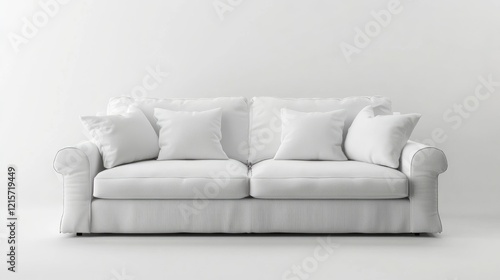 Minimalist white sofa adorned with plush cushions in a bright, airy living room setting with clean white walls and contemporary design
