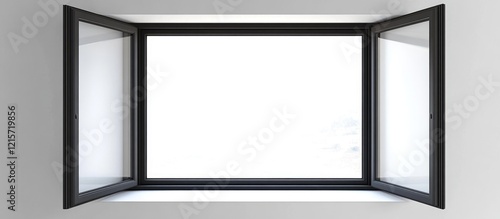 Modern minimalistic open window with black frame and white background, Copy Space for design use.