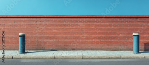 Urban scene featuring red brick wall with blue bollards on a paved sidewalk under a clear blue sky with Copy Space for text placement