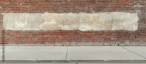 Textured brick wall with faded plaster patch and concrete sidewalk underneath; ideal for backgrounds with Copy Space.