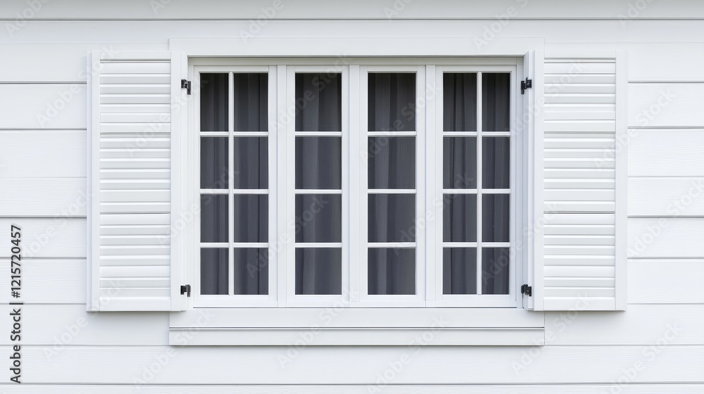 White Sliding Shutter Window with Open Shutters and Curtains on a White Wall Exterior for Home Design and Decoration White Sliding Shutter Window with Open Shutters and Curtains on a White Wall Exterior for Home Design and Decoration