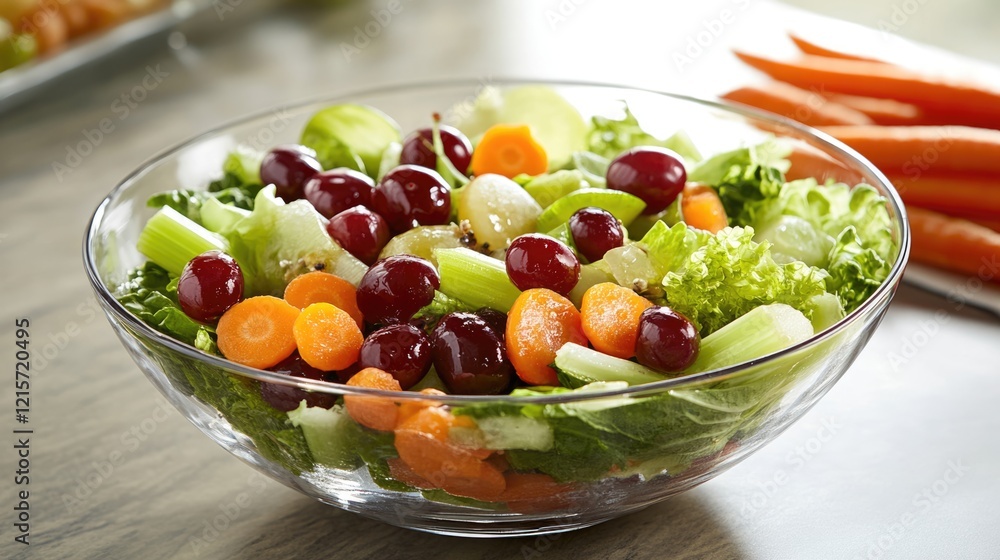 Fresh mixed salad with grapes, celery, lettuce, and carrots in a glass bowl on a wooden surface with carrots in the background Copy Space Fresh mixed salad with grapes, celery, lettuce, and carrots in a glass bowl on a wooden surface with carrots in the background Copy Space