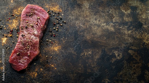 Raw beef steak with spices on a textured dark surface with Copy Space for text placement photo