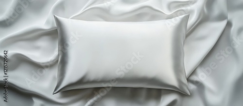 Elegant white silk pillowcase with satin finish on smooth light gray background, featuring ample empty space for text and branding.
