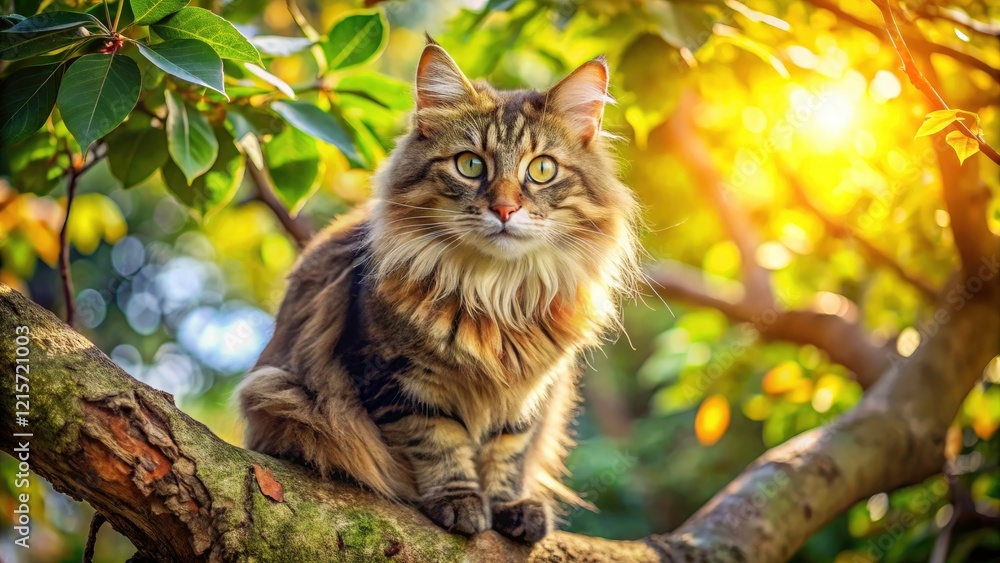 Cute Cat in Tree, Adorable Kitten on Branch, Fluffy Cat Outdoors, Feline in Nature, Candid Pet Photography Cute Cat in Tree, Adorable Kitten on Branch, Fluffy Cat Outdoors, Feline in Nature, Candid Pet Photography