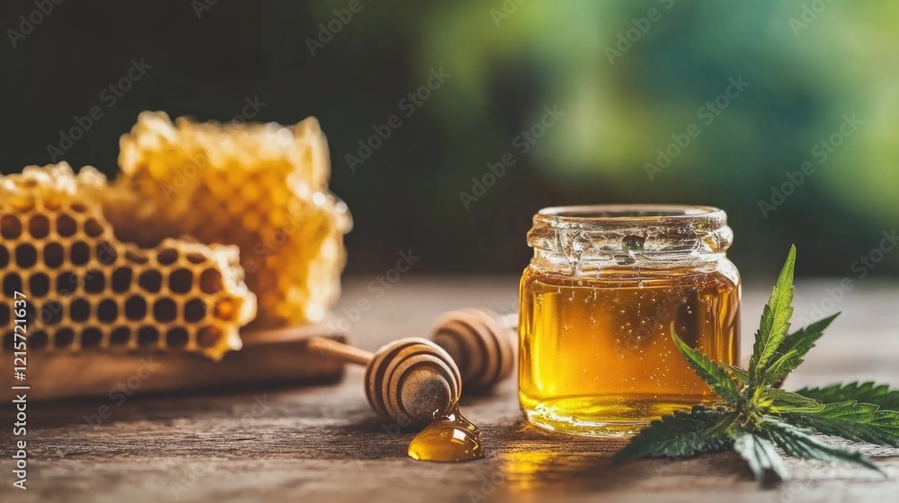 Honey jar with honeycomb and cannabis leaf on wooden surface with blurred green background Copy Space Honey jar with honeycomb and cannabis leaf on wooden surface with blurred green background Copy Space