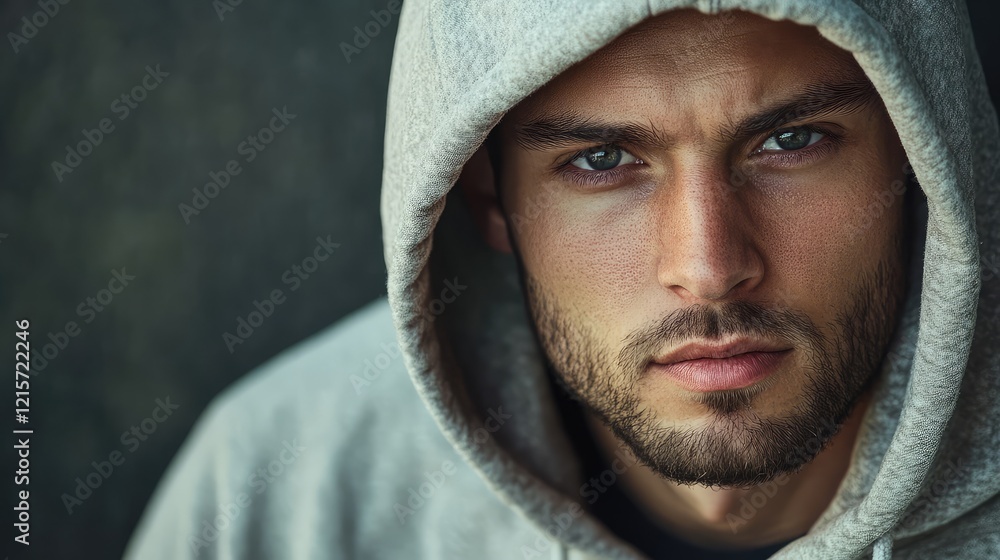 Close-up portrait of a young man in a grey hoodie with a neutral expression, featuring sharp blue eyes against a dark background. Close-up portrait of a young man in a grey hoodie with a neutral expression, featuring sharp blue eyes against a dark background.