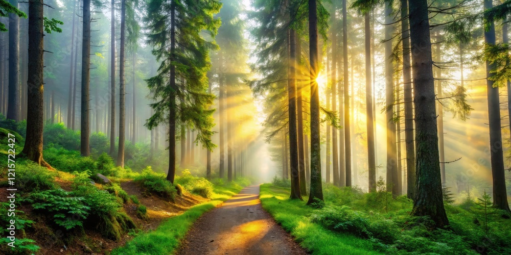 Obraz premium Enchanted Misty Forest Pathway with Sunlight, Hiking Trails in Nature, Mysterious Woodland Adventure, Scenic Outdoor Exploration