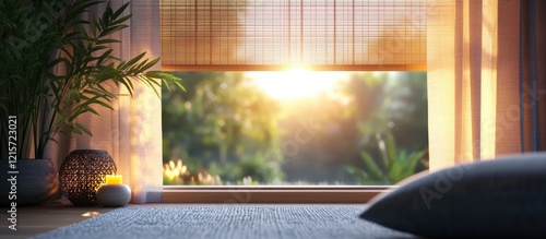 Cozy interior scene with warm sunlight filtering through bamboo blinds creating a serene and inviting atmosphere in modern decor