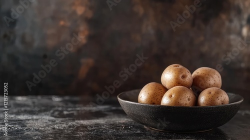 Bintje Potatoes in a Dark Bowl on Textured Surface with Rustic Background Elements photo