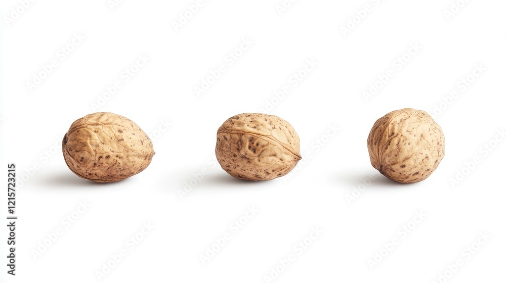 Close-up view of natural brown walnuts in their shells arranged on a clean white background showcasing organic textures and simplicity Close-up view of natural brown walnuts in their shells arranged on a clean white background showcasing organic textures and simplicity
