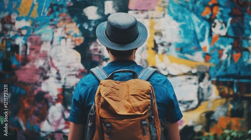 Backpacker in blue shirt and hat admiring vibrant urban street art mural with colorful abstract patterns in background on a sunny day photo