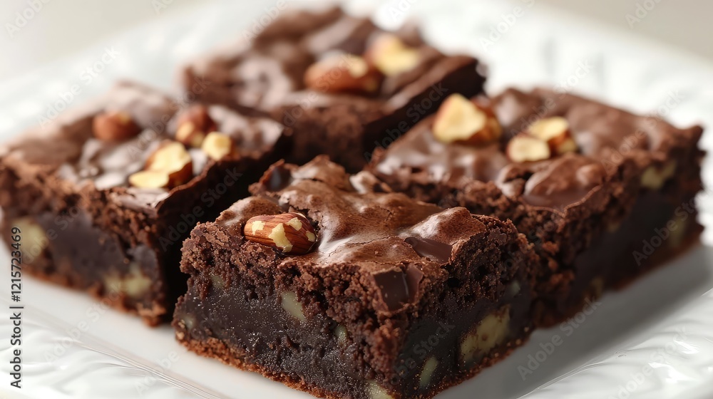 Delicious walnut brownies topped with chopped nuts and chocolate on a white ceramic plate showcasing rich brown textures and garnishes. Delicious walnut brownies topped with chopped nuts and chocolate on a white ceramic plate showcasing rich brown textures and garnishes.