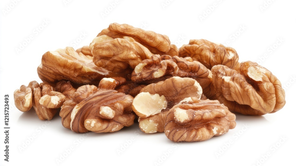Aromatic Brown Walnut Halves Piled Artfully on Bright White Background for Culinary and Health Inspiration Aromatic Brown Walnut Halves Piled Artfully on Bright White Background for Culinary and Health Inspiration